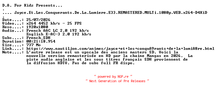 NFO for the release Jayce.Et.Les.Conquerants.De.La.Lumiere.E33.REMASTERED.MULTi.1080p.WEB.x264-D4KiD by D4KiD