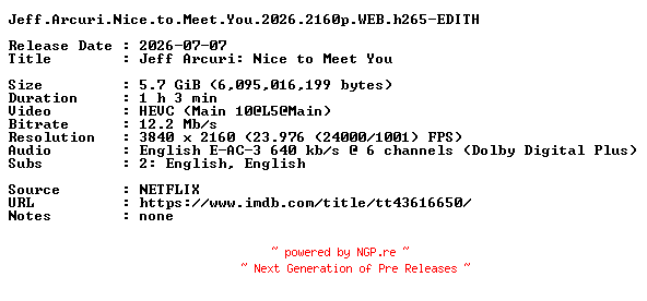 NFO for the release Jeff.Arcuri.Nice.to.Meet.You.2026.2160p.WEB.h265-EDITH by EDITH