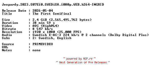 NFO for the release Jeopardy.2023.S07E10.SWEDiSH.1080p.WEB.h264-INGRID by INGRID