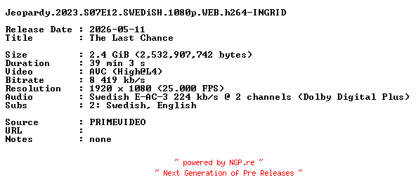 NFO for the release Jeopardy.2023.S07E12.SWEDiSH.1080p.WEB.h264-INGRID by INGRID