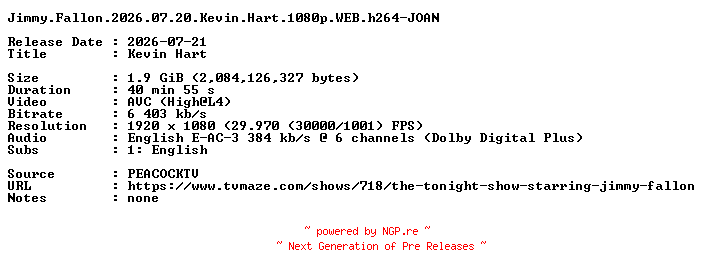 NFO for the release Jimmy.Fallon.2026.07.20.Kevin.Hart.1080p.WEB.h264-JOAN by JOAN