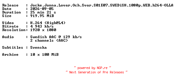 NFO for the release Jocke.Jonna.Lovar.Och.Svar.S01E07.SWEDiSH.1080p.WEB.h264-OLLA by OLLA