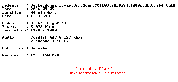 NFO for the release Jocke.Jonna.Lovar.Och.Svar.S01E08.SWEDiSH.1080p.WEB.h264-OLLA by OLLA