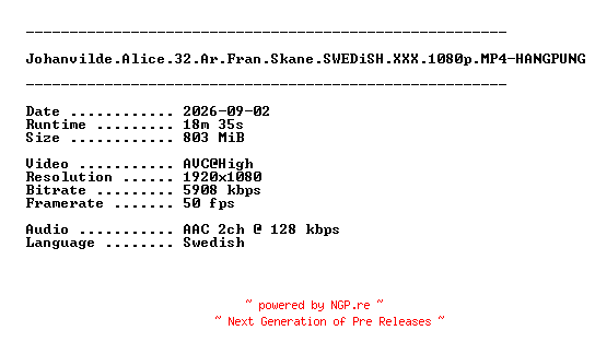 NFO for the release Johanvilde.Alice.32.Ar.Fran.Skane.SWEDiSH.XXX.1080p.MP4-HANGPUNG by HANGPUNG