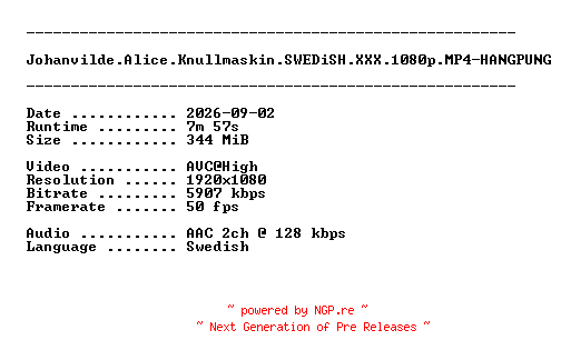 NFO for the release Johanvilde.Alice.Knullmaskin.SWEDiSH.XXX.1080p.MP4-HANGPUNG by HANGPUNG