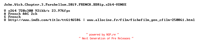 NFO for the release John.Wick.Chapter.3.Parabellum.2019.FRENCH.BDRip.x264-VENUE by VENUE