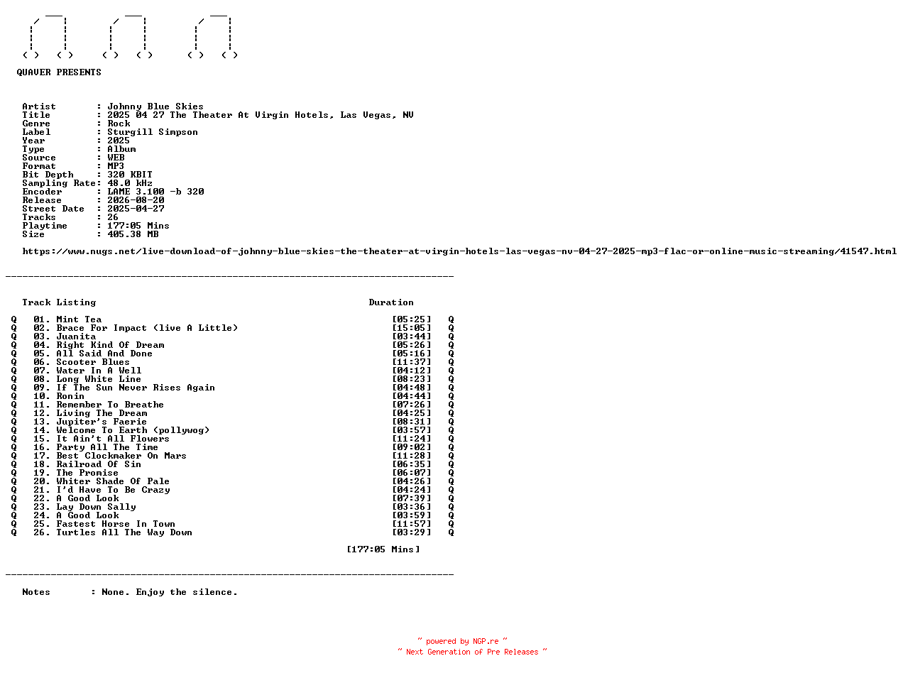 NFO for the release Johnny_Blue_Skies-2025_04_27_The_Theater_At_Virgin_Hotels_Las_Vegas_NV-WEB-2025-QUAVER by QUAVER