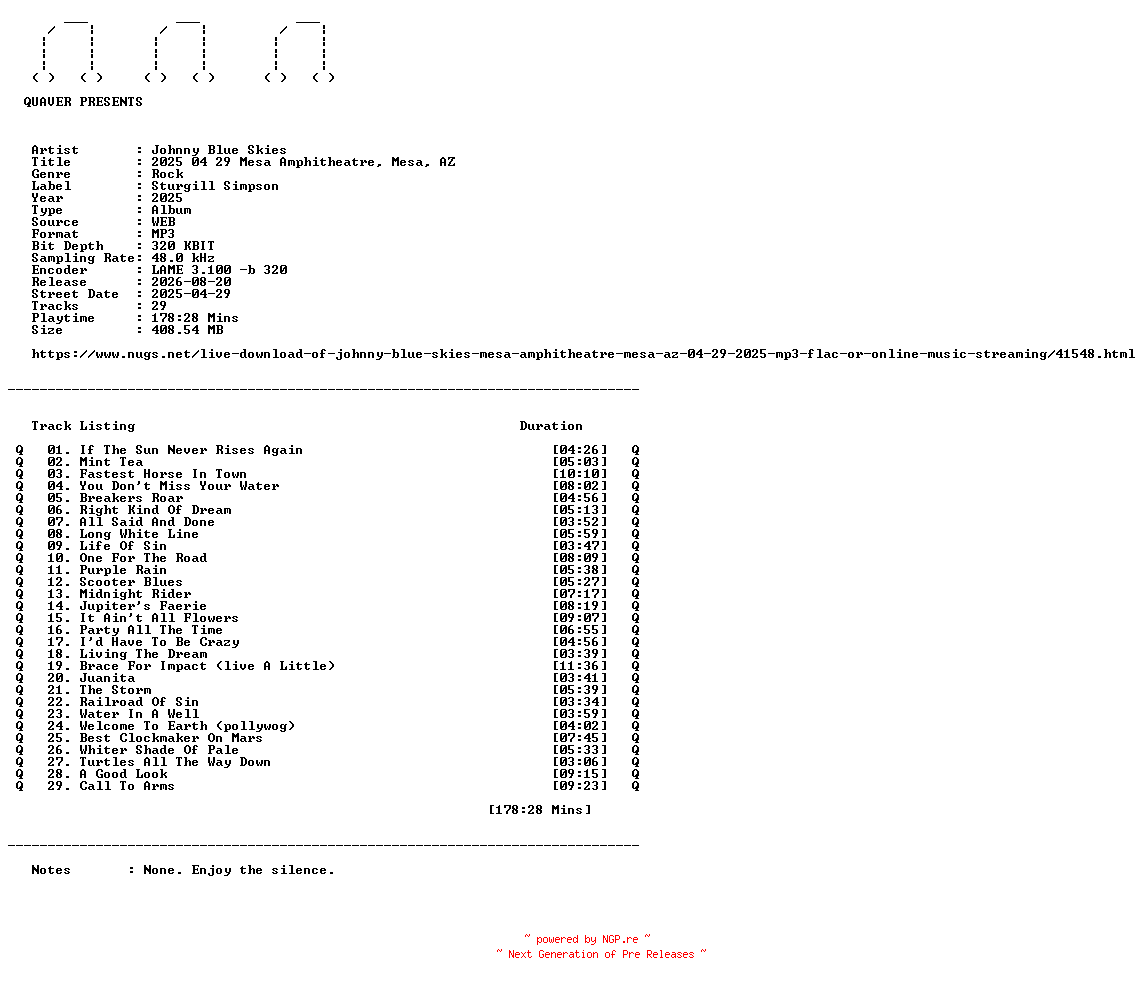 NFO for the release Johnny_Blue_Skies-2025_04_29_Mesa_Amphitheatre_Mesa_AZ-WEB-2025-QUAVER by QUAVER