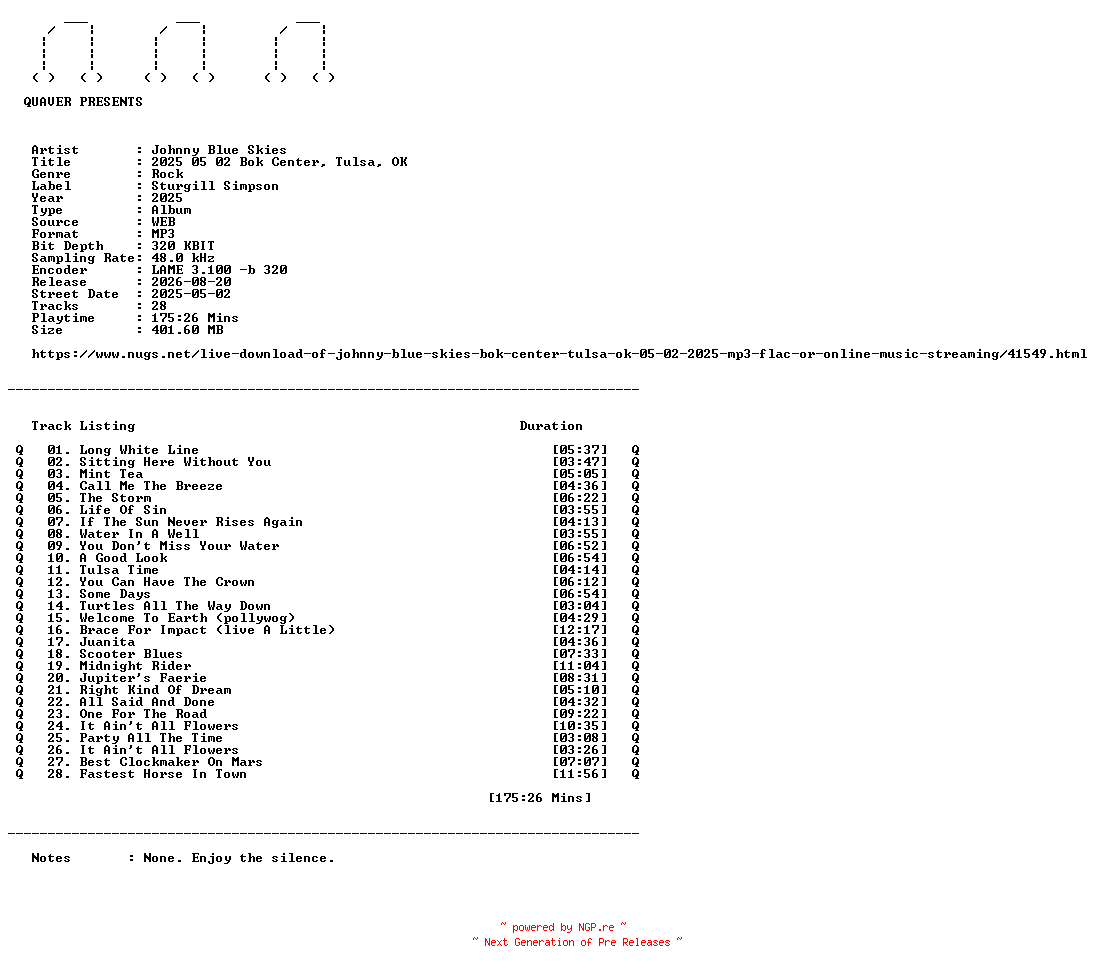 NFO for the release Johnny_Blue_Skies-2025_05_02_Bok_Center_Tulsa_OK-WEB-2025-QUAVER by QUAVER