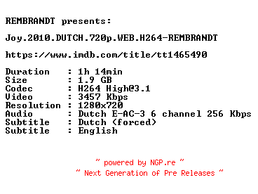 NFO for the release Joy.2010.DUTCH.720p.WEB.H264-REMBRANDT by REMBRANDT