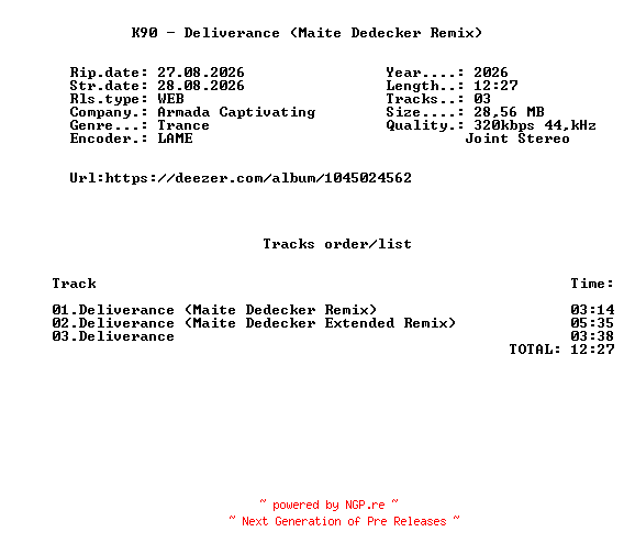 NFO for the release K90_-_Deliverance_(Maite_Dedecker_Remix)-(ARCV330)-WEB-2026-FMC by FMC