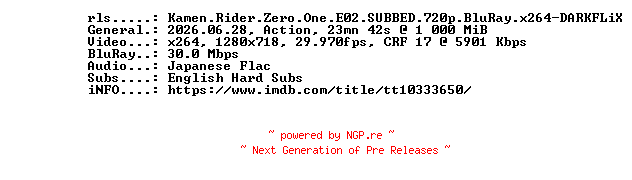 NFO for the release Kamen.Rider.Zero.One.E02.SUBBED.720p.BluRay.x264-DARKFLiX by DARKFLiX