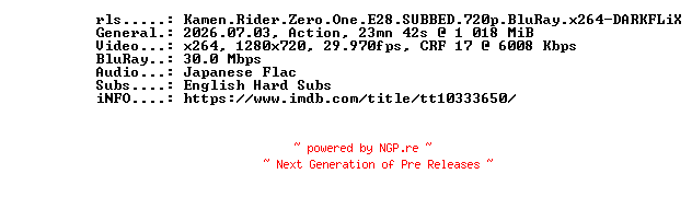 NFO for the release Kamen.Rider.Zero.One.E28.SUBBED.720p.BluRay.x264-DARKFLiX by DARKFLiX