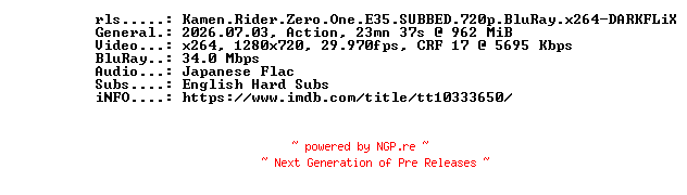 NFO for the release Kamen.Rider.Zero.One.E35.SUBBED.720p.BluRay.x264-DARKFLiX by DARKFLiX