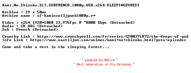 NFO for the release Kami.No.Shizuku.E13.SUBFRENCH.1080p.WEB.x264-SLEEPINGFOREST by SLEEPINGFOREST