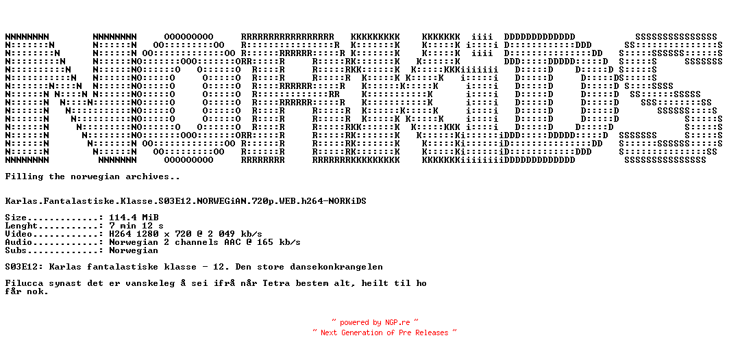 NFO for the release Karlas.Fantalastiske.Klasse.S03E12.NORWEGiAN.720p.WEB.h264-NORKiDS by NORKiDS
