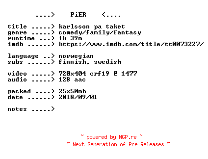 NFO for the release Karlsson.Pa.Taket.1974.NORWEGiAN.BDRip.x264-PiER by PiER