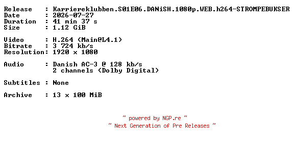 NFO for the release Karriereklubben.S01E06.DANiSH.1080p.WEB.h264-STROMPEBUKSER by STROMPEBUKSER