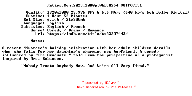 NFO for the release Katies.Mom.2023.1080p.WEB.H264-OUTPOST31 by OUTPOST31