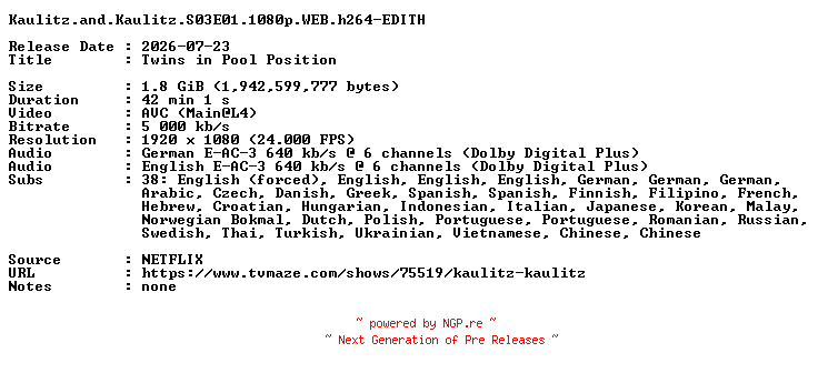 NFO for the release Kaulitz.and.Kaulitz.S03E01.1080p.WEB.h264-EDITH by EDITH
