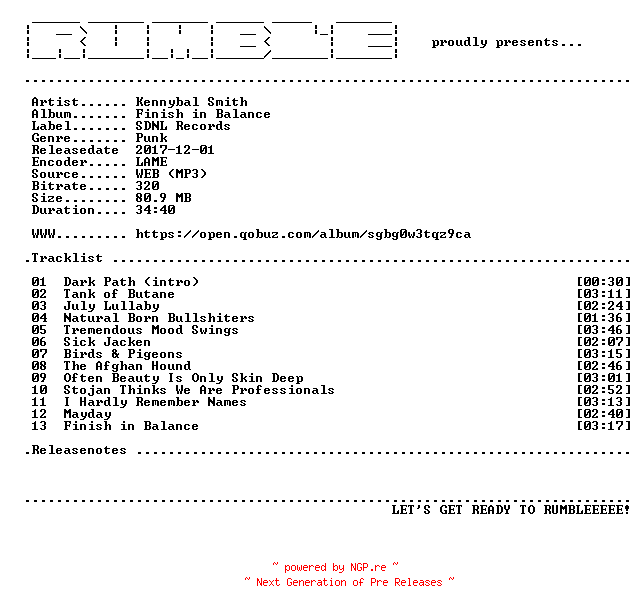 NFO for the release Kennybal_Smith-Finish_in_Balance-(WEB)-2017-RUMBLE by RUMBLE