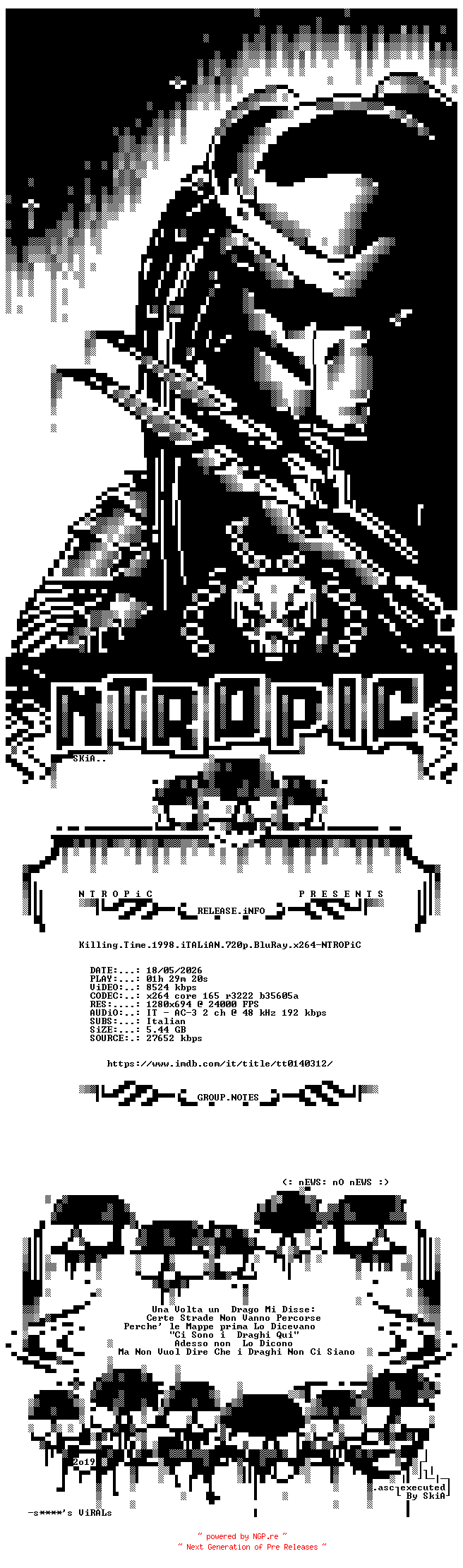 NFO for the release Killing.Time.1998.iTALiAN.720p.BluRay.x264-NTROPiC by NTROPiC