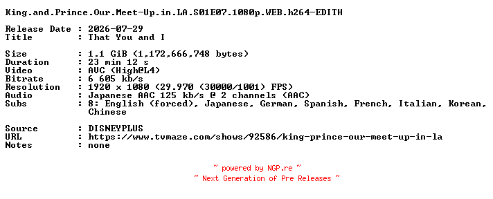 NFO for the release King.and.Prince.Our.Meet-Up.in.LA.S01E07.1080p.WEB.h264-EDITH by EDITH
