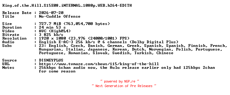 NFO for the release King.of.the.Hill.S15E08.iNTERNAL.1080p.WEB.h264-EDITH by EDITH