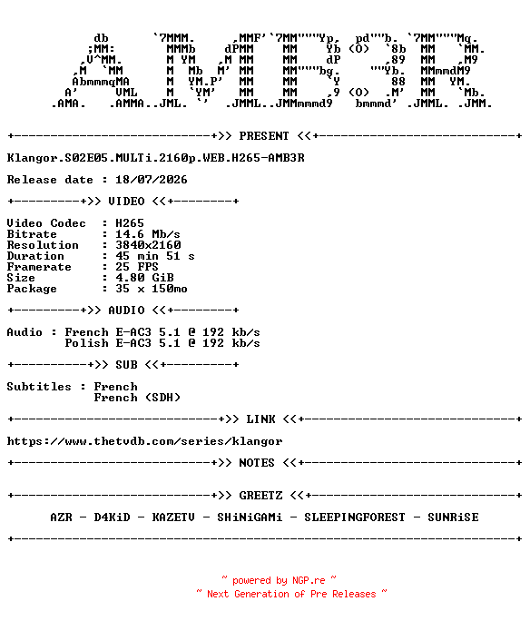 NFO for the release Klangor.S02E05.MULTi.2160p.WEB.H265-AMB3R by AMB3R