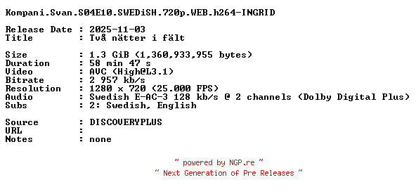 NFO for the release Kompani.Svan.S04E10.SWEDiSH.720p.WEB.h264-INGRID by INGRID