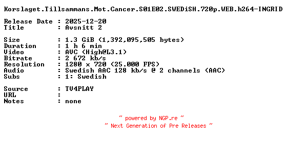 NFO for the release Korslaget.Tillsammans.Mot.Cancer.S01E02.SWEDiSH.720p.WEB.h264-INGRID by INGRID