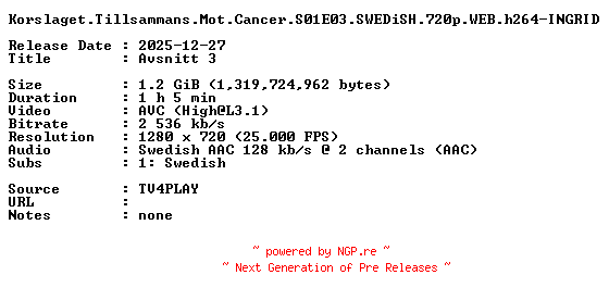NFO for the release Korslaget.Tillsammans.Mot.Cancer.S01E03.SWEDiSH.720p.WEB.h264-INGRID by INGRID