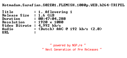 NFO for the release Kotmadam.Sarafian.S02E01.FLEMISH.1080p.WEB.h264-TRIPEL by TRIPEL