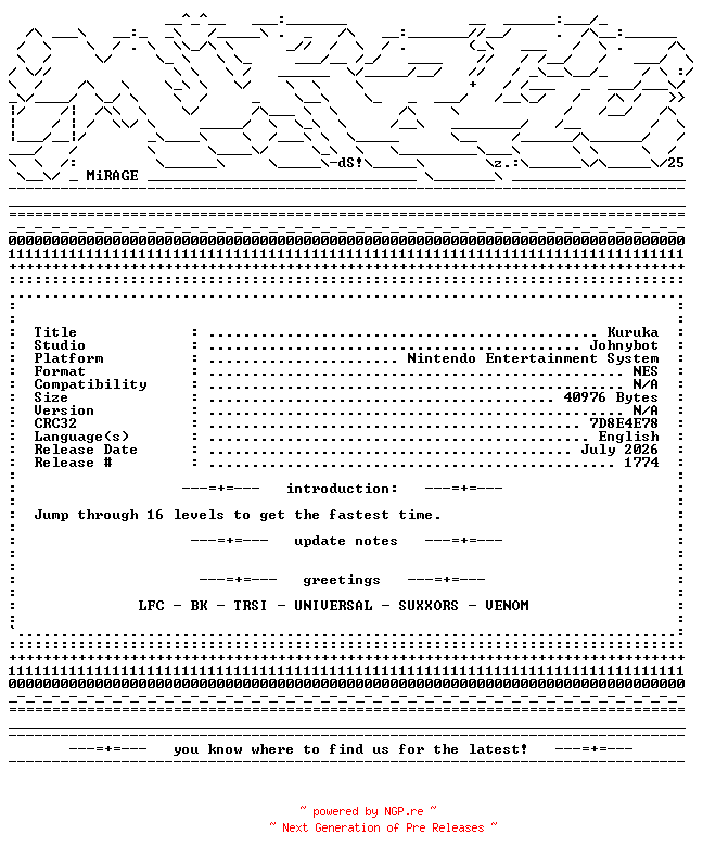 NFO for the release Kuruka_NES-MiRAGE by MiRAGE
