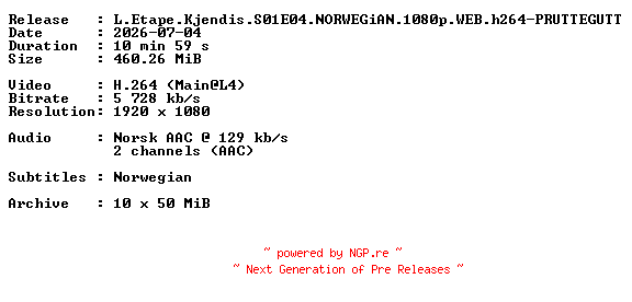 NFO for the release L.Etape.Kjendis.S01E04.NORWEGiAN.1080p.WEB.h264-PRUTTEGUTT by PRUTTEGUTT