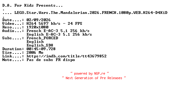 NFO for the release LEGO.Star.Wars.The.Mandalorian.2026.FRENCH.1080p.WEB.H264-D4KiD by D4KiD