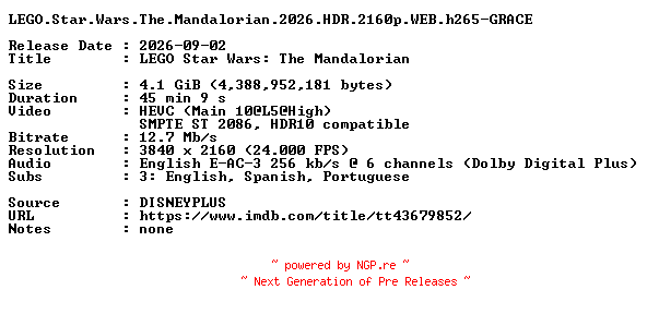 NFO for the release LEGO.Star.Wars.The.Mandalorian.2026.HDR.2160p.WEB.h265-GRACE by GRACE