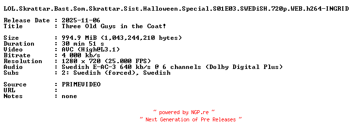 NFO for the release LOL.Skrattar.Bast.Som.Skrattar.Sist.Halloween.Special.S01E03.SWEDiSH.720p.WEB.h264-INGRID by INGRID