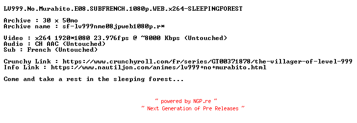 NFO for the release LV999.No.Murabito.E08.SUBFRENCH.1080p.WEB.x264-SLEEPINGFOREST by SLEEPINGFOREST