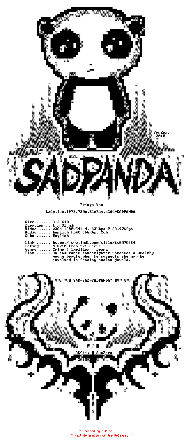 NFO for the release Lady.Ice.1973.720p.BluRay.x264-SADPANDA by SADPANDA