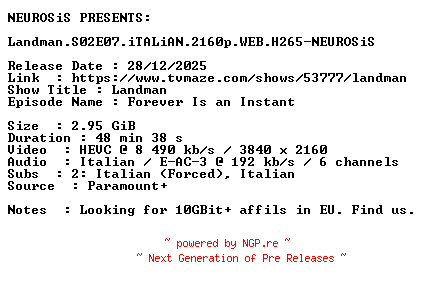 NFO for the release Landman.S02E07.iTALiAN.2160p.WEB.H265-NEUROSiS by NEUROSiS