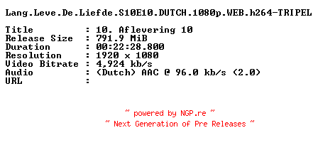 NFO for the release Lang.Leve.De.Liefde.S10E10.DUTCH.1080p.WEB.h264-TRIPEL by TRIPEL