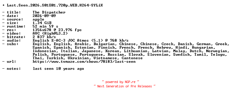 NFO for the release Last.Seen.2026.S01E01.720p.WEB.H264-SYLiX by SYLiX