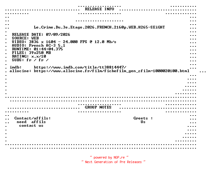 NFO for the release Le.Crime.Du.3e.Etage.2026.FRENCH.2160p.WEB.H265-SEiGHT by SEiGHT