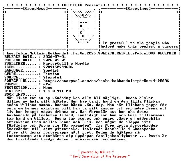 NFO for the release Lee.Tobin.McClain.Bokhandeln.Pa.On.2026.SWEDiSH.RETAiL.ePub.eBOOK-DECiPHER by DECiPHER