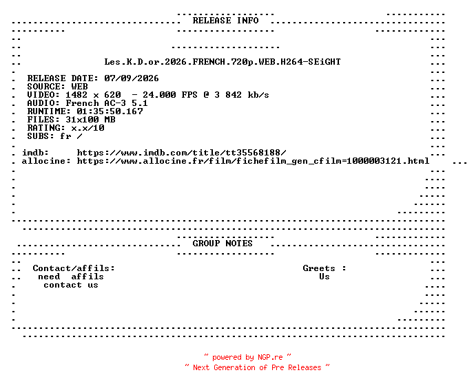 NFO for the release Les.K.D.or.2026.FRENCH.720p.WEB.H264-SEiGHT by SEiGHT