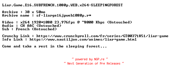 NFO for the release Liar.Game.E16.SUBFRENCH.1080p.WEB.x264-SLEEPINGFOREST by SLEEPINGFOREST