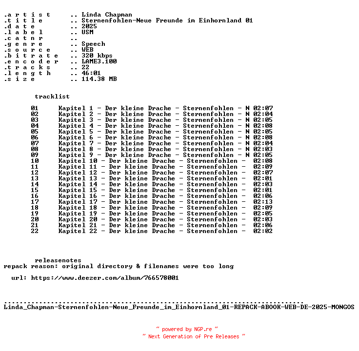 NFO for the release Linda_Chapman-Sternenfohlen-Neue_Freunde_im_Einhornland_01-REPACK-ABOOK-WEB-DE-2025-MONGOS by MONGOS