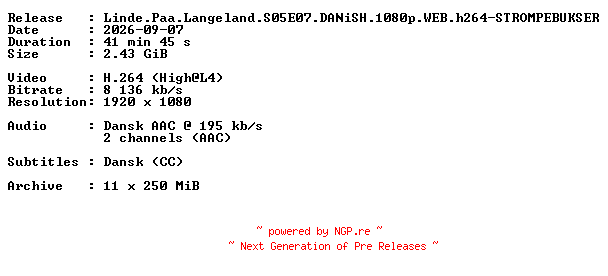 NFO for the release Linde.Paa.Langeland.S05E07.DANiSH.1080p.WEB.h264-STROMPEBUKSER by STROMPEBUKSER