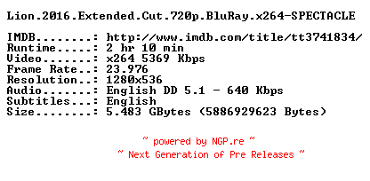 NFO for the release Lion.2016.Extended.Cut.720p.BluRay.x264-SPECTACLE by SPECTACLE